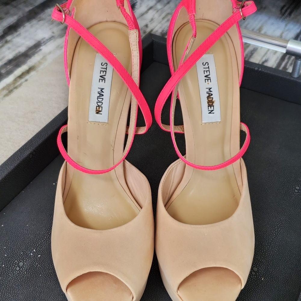 Steve Madden Hot Pink and Nude Strappy Platform Heels - Picture 2 of 11